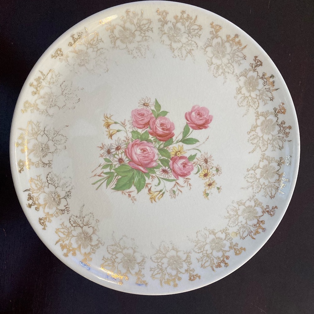 Vintage French Saxon China Plate with 22K Gold and Pink Floral Detailing